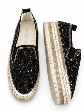 MUGUEN Black Glitter Embellished Slip-On Loafers Size 7-7.5